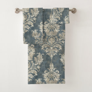 Luxurious Silver Damask on Blue Background Bath Towel Set