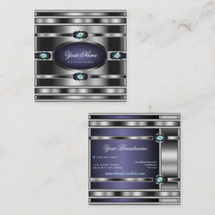 Luxurious Silver Effect Dark Blue Faux Rhinestones Square Business Card