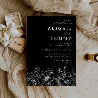 Luxurious Silver Foil Floral Modern Black Wedding Invitation