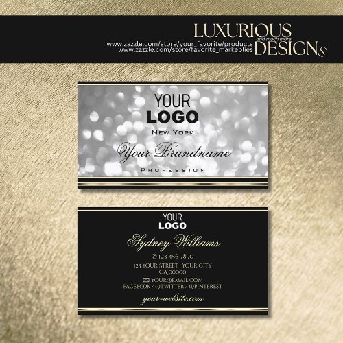 Luxurious Silver Glitter Logo Black Golden Border Business Card