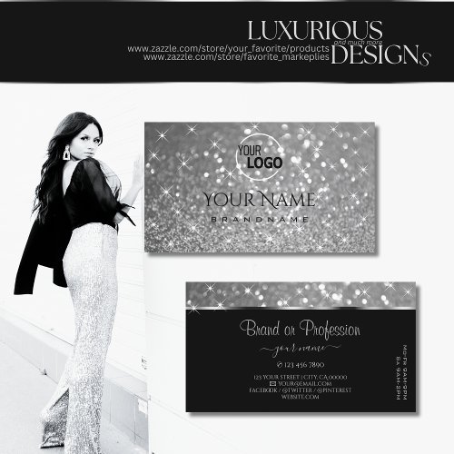 Luxurious Silver Glitter Luminous Stars and Logo Business Card