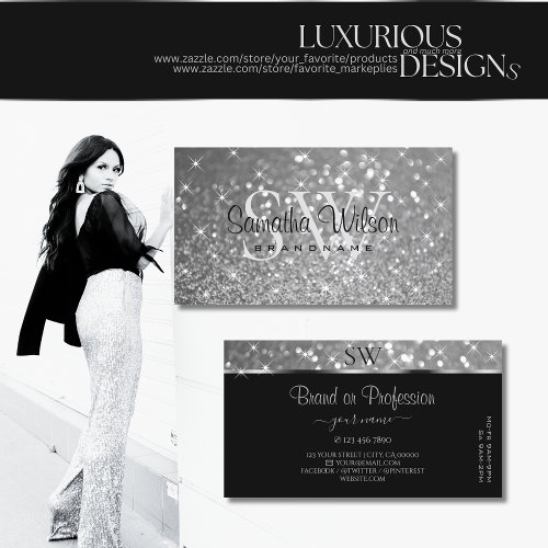 Luxurious Silver Glitter Luminous Stars Initials Business Card