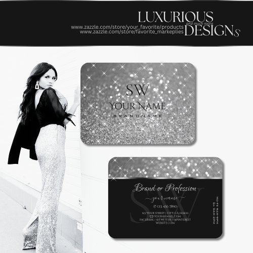 Luxurious Silver Glitter Luminous Stars Monogram Business Card