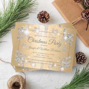 Luxurious Silver Glitter Snow Xmas Holiday Gold Invitation