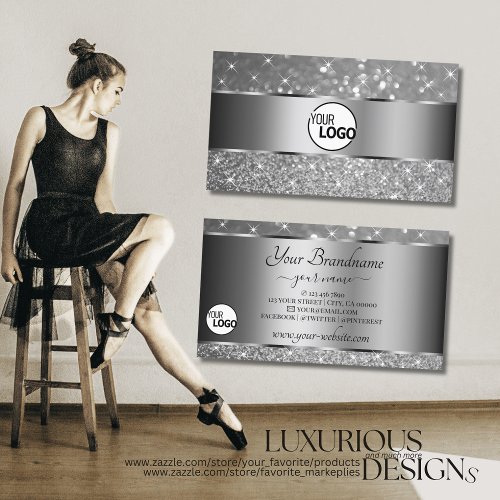 Luxurious Silver Glitter Sparkle Stars and Logo Business Card