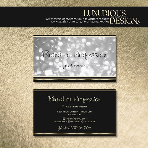 Luxurious Silver Glitter Stars Black Golden Border Business Card