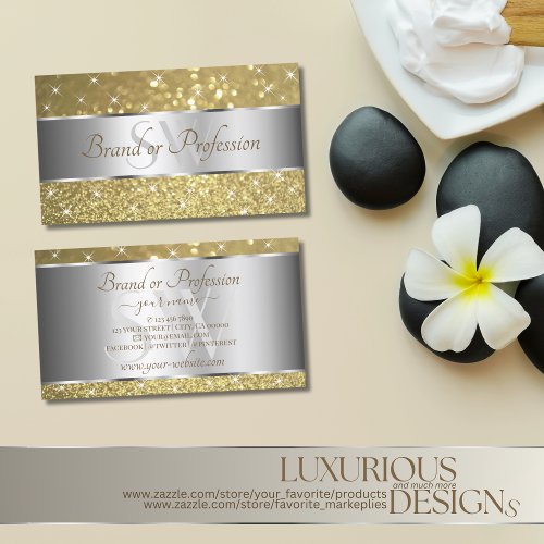 Luxurious Silver Gold Glitter Spark Stars Monogram Business Card