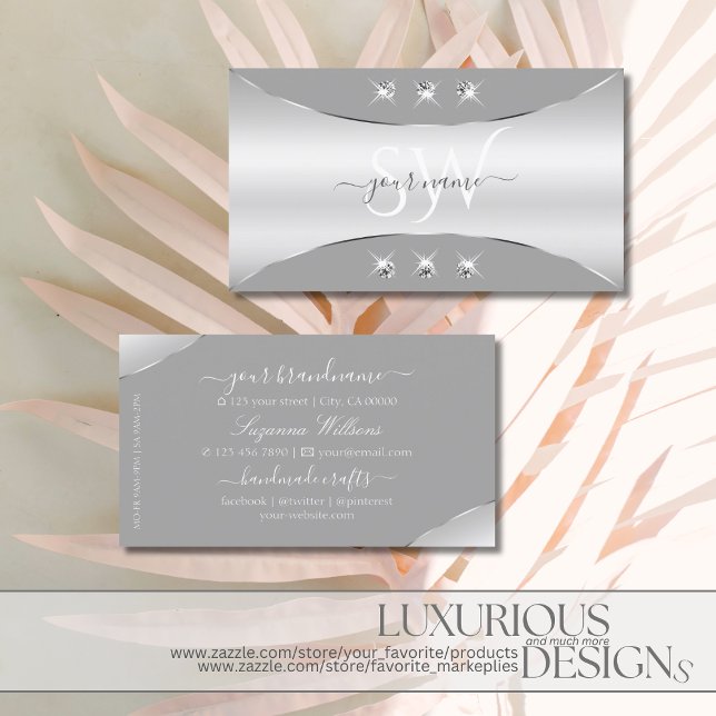Luxurious Silver Gray with Diamonds and Monogram Business Card (Creator Uploaded)