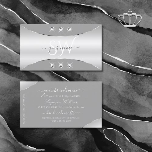 Luxurious Silver Gray with Diamonds and Monogram Business Card