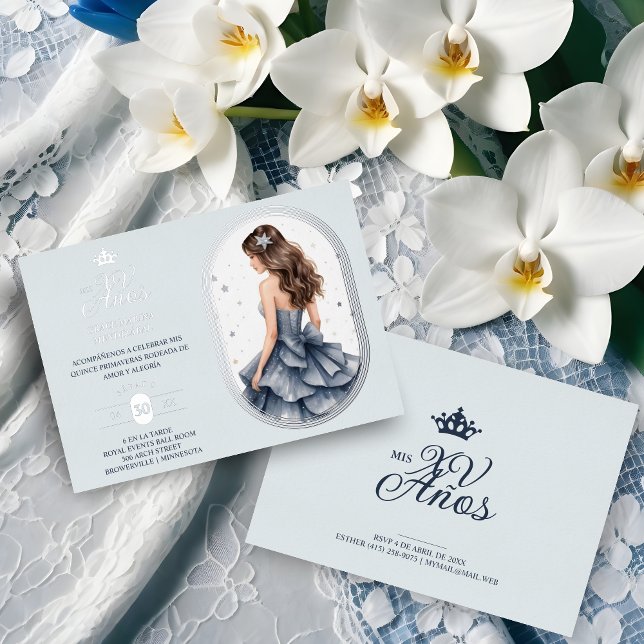 Luxurious Silver Oval Frame Charming Quinceañera  Foil Invitation (Spanish Luxurious Silver Oval Frame Charming Quinceañera Doll Illustration in Blue Shades invitation)