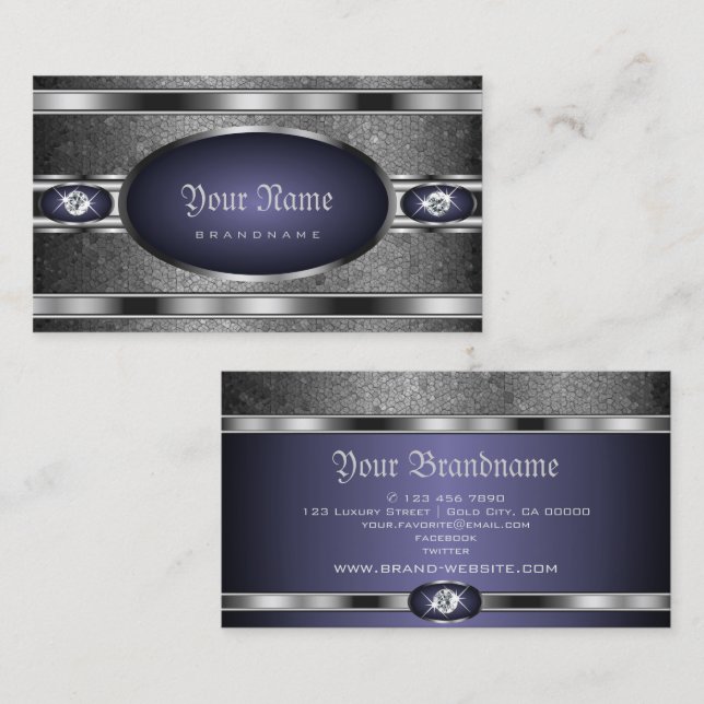 Luxurious Silver Pattern Blue with Faux Diamonds Business Card (Front/Back)