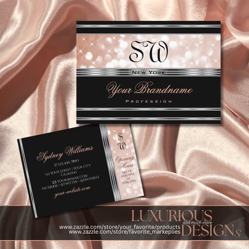 Luxurious Silver Rose Gold Glitter Initials Black Business Card