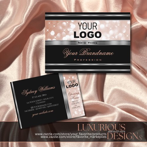 Luxurious Silver Rose Gold Glitter with Logo Black Business Card