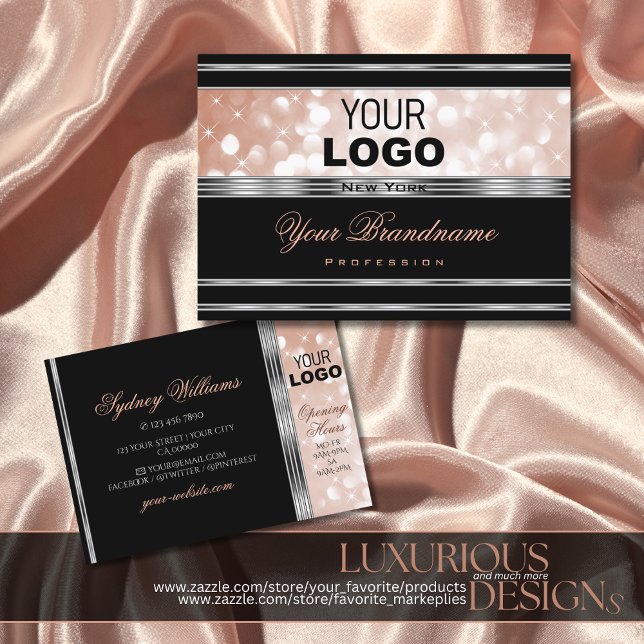 Luxurious Silver Rose Gold Glitter with Logo Black Business Card (Creator Uploaded)