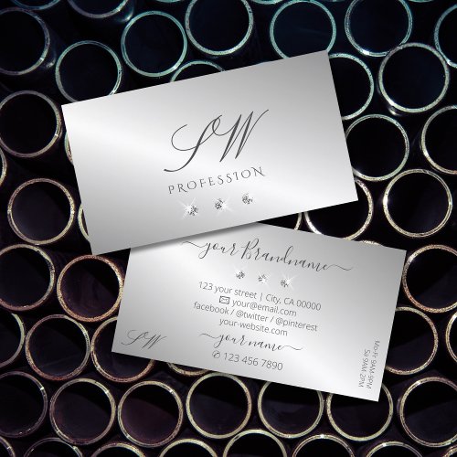 Luxurious Silver Sparkle Diamonds Initials Elegant Business Card