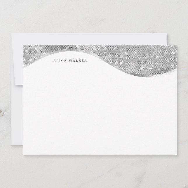 luxurious silver sparkle foil monogram note card (Front)
