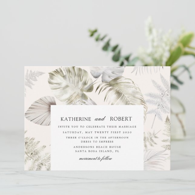 Luxurious Silver Tropical Foliage Wedding Invitation (Standing Front)