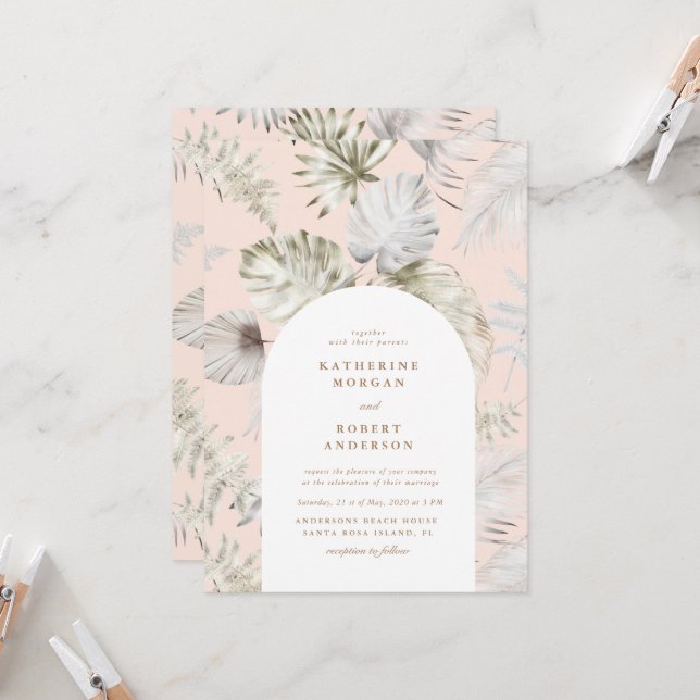 Luxurious Silver Tropical Foliage Wedding Invitation (Front/Back In Situ)