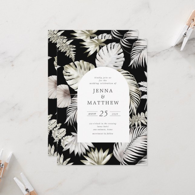 Luxurious Silver Tropical Foliage Wedding Invitation (Front/Back In Situ)