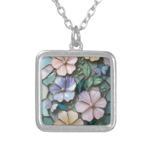 Luxurious Stained Glass Floral Mosaic Silver Plated Necklace