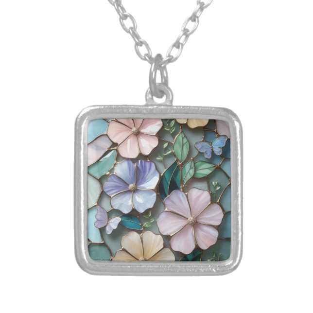 Luxurious Stained Glass Floral Mosaic Silver Plated Necklace (Front)