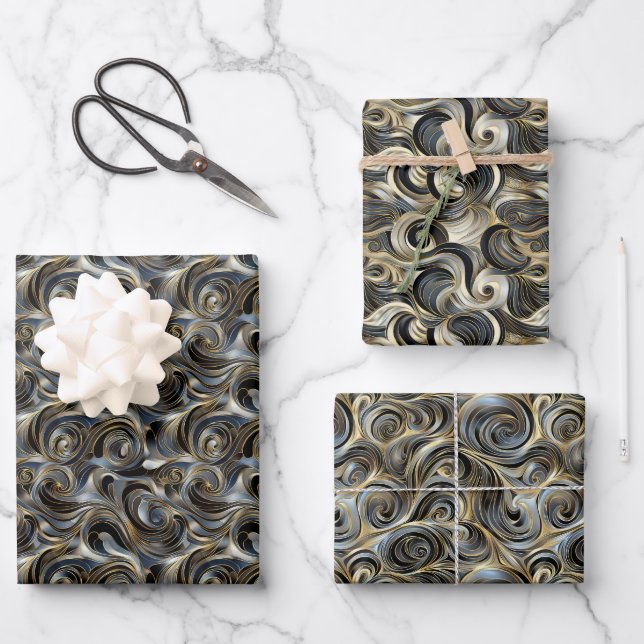 Luxurious Swirling Metallic Pattern in Gold Wrapping Paper Sheets (Front)