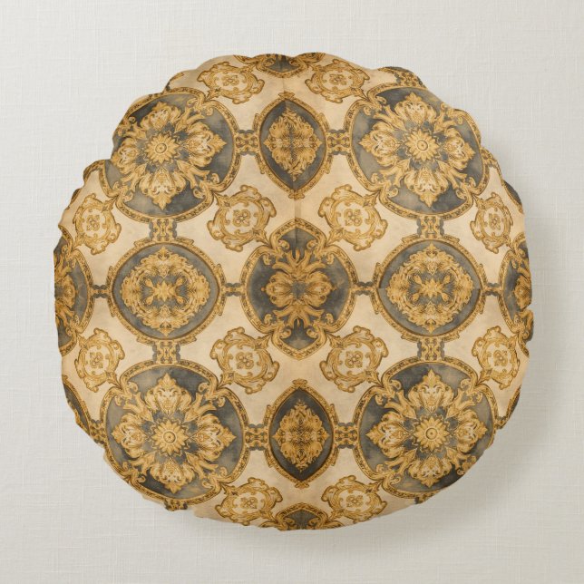 Luxurious Tapestry Pattern, Gold Black Beigi Round Pillow (Front)