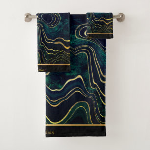 LUXURIOUS TEAL 2 GREEN MARBLE TRIM TOWEL SET