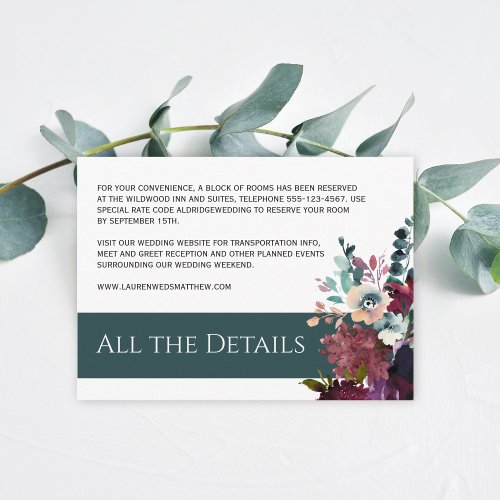 Luxurious Teal and Wine Floral Wedding Details Enclosure Card