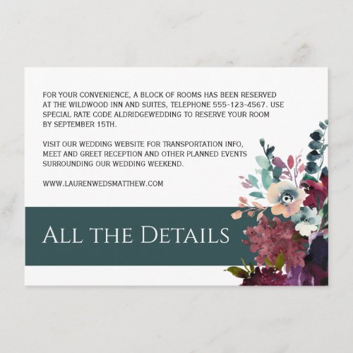 Luxurious Teal and Wine Floral Wedding Details Enclosure Card