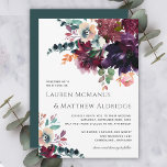 Luxurious Teal and Wine Floral Wedding Invitation<br><div class="desc">Perfect for fall and winter weddings, this elegant invitation design has a sumptuous bouquet in painted watercolor hues of dark wine, eggplant purple, burnt orange, marsala red, deepest rose pink, beige, teal and green. The back of the invitation is a matching teal color. The look is carefree contemporary elegance. Personalize...</div>