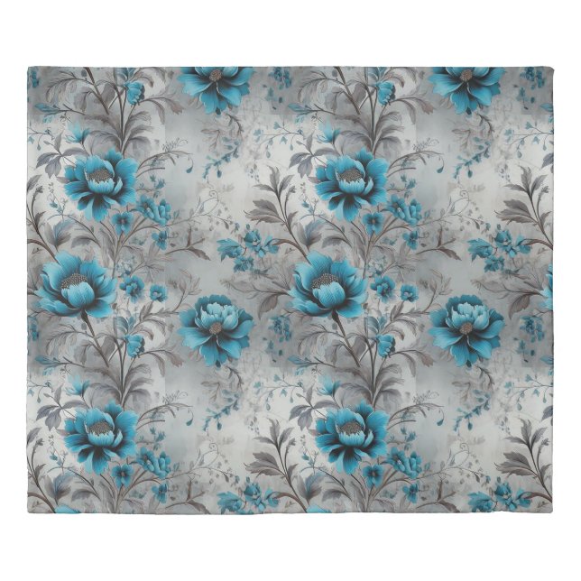 Luxurious Teal Blue Floral Duvet Cover (Front)