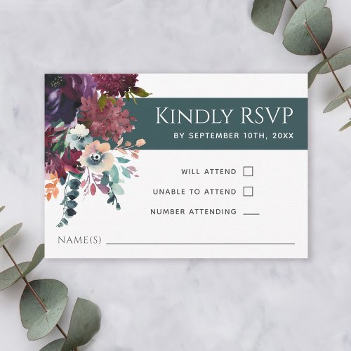 Luxurious Teal Elegant Floral Wedding RSVP