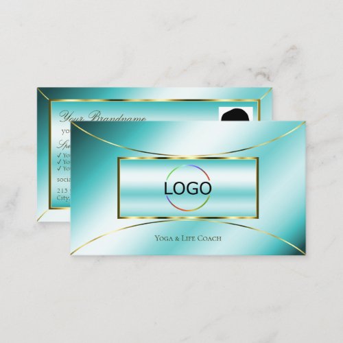 Luxurious Teal Gold Decor Chic with Logo and Photo Business Card