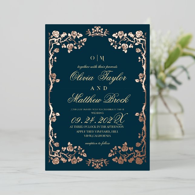 Luxurious Teal Gold Foil Floral Wedding Foil Invitation (Standing Front)
