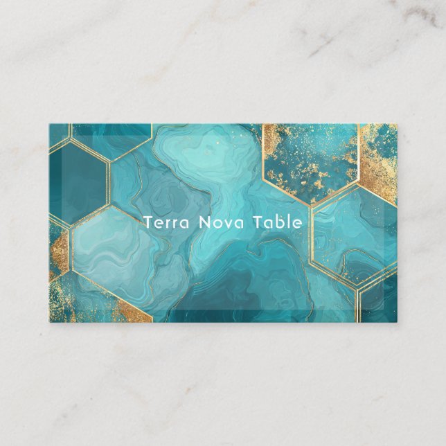 Luxurious Teal Gold Hexagon Geometric Agate Fluid Business Card (Front)