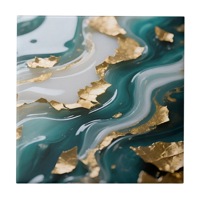 Luxurious Teal Gold Leaf Fluid Marble  Ceramic Tile (Front)
