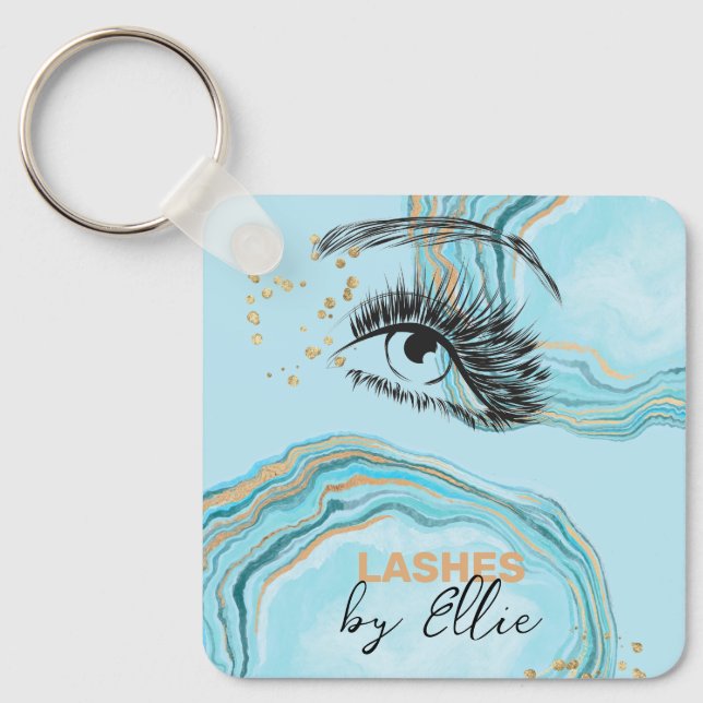 Luxurious Teal Gold Marble Lash Extension Qr Code Keychain (Front)
