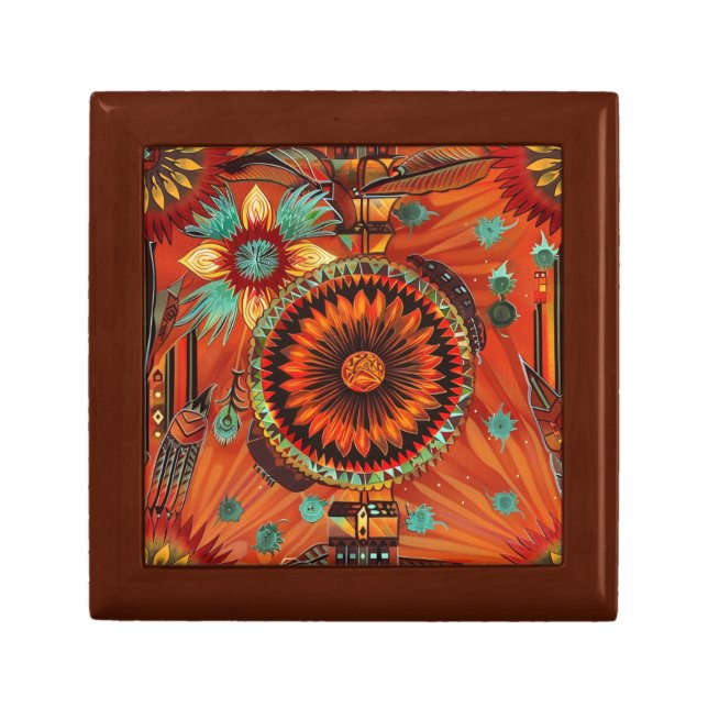 Luxurious Teal "Intricate Echoes" Oak Wood Square  Gift Box (Front)