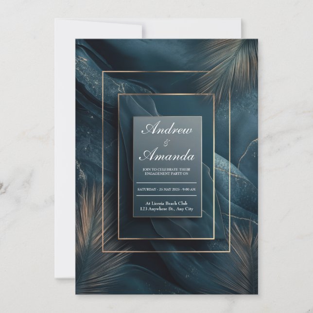 Luxurious Teal Marble Gold Frame Abstract Palm Invitation (Front)