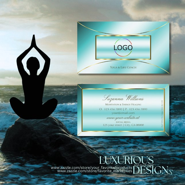 Luxurious Teal with Gold Decor and Logo Stylish Business Card (Creator Uploaded)