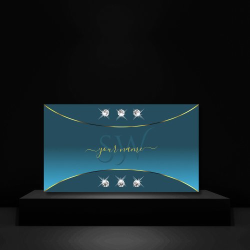 Luxurious Teal with Gold Decor Jewels and Monogram Business Card