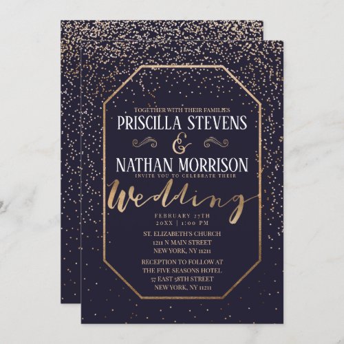 Luxurious Trendy Gold Confetti Navy Blue Wedding Invitation