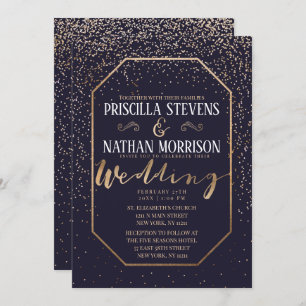 Luxurious Trendy Gold Confetti Navy Blue Wedding Invitation