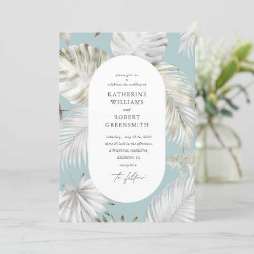 Luxurious Tropical Foliage Blue Wedding Invitation