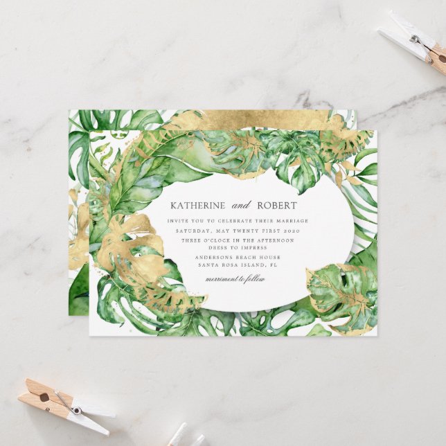 Luxurious Tropical Golden Foliage Wedding  Invitation (Front/Back In Situ)