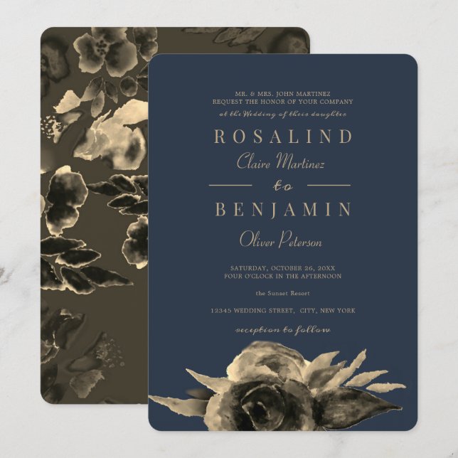 Luxurious Unique Navy Blue Golden Floral Wedding Invitation (Front/Back)
