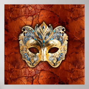 Luxurious Venetian Mask on Red-Rust Background Poster