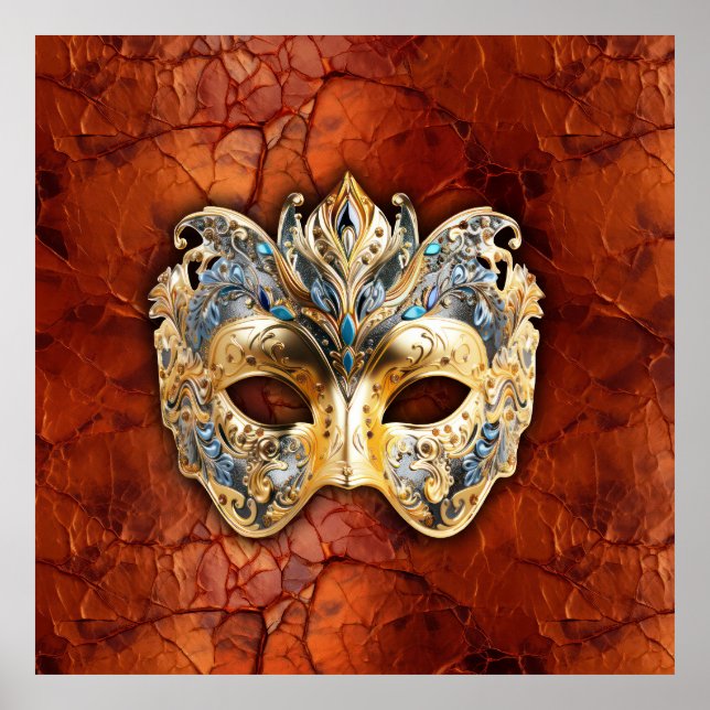 Luxurious Venetian Mask on Red-Rust Background Poster (Front)