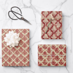 Luxurious Vintage Cream and Red Damask Pattern Wrapping Paper Sheets